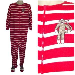 NICK & NORA Sock Monkey Footie Pajamas/Union Suit, M, Red/White, Zips, Pockets